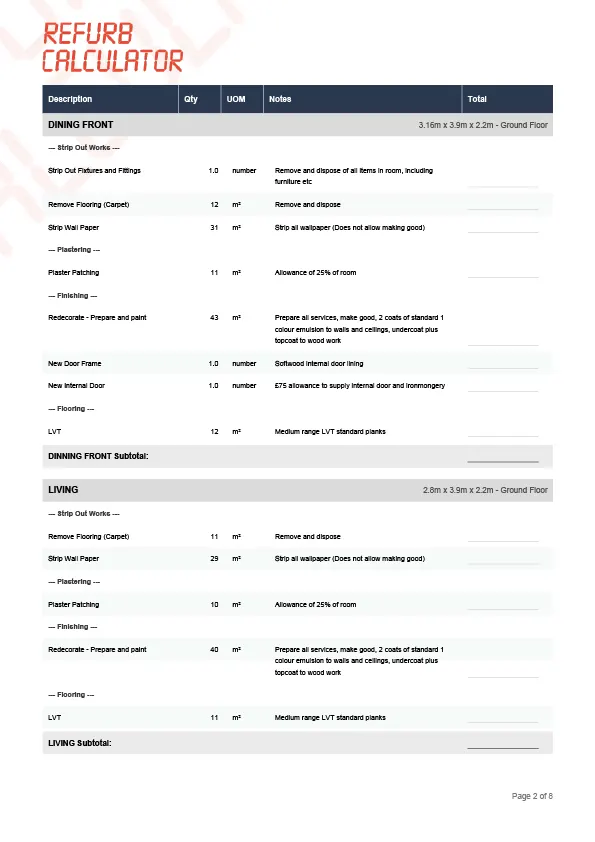 Contractor tender document with line-by-line refurb scope for like-for-like quoting