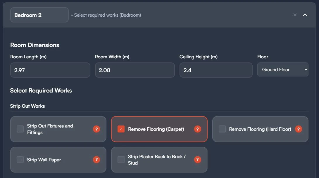 Room selection and work items interface in Refurb Calculator