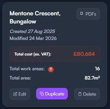 Dashboard showing saved projects with duplicate and edit options in Refurb Calculator